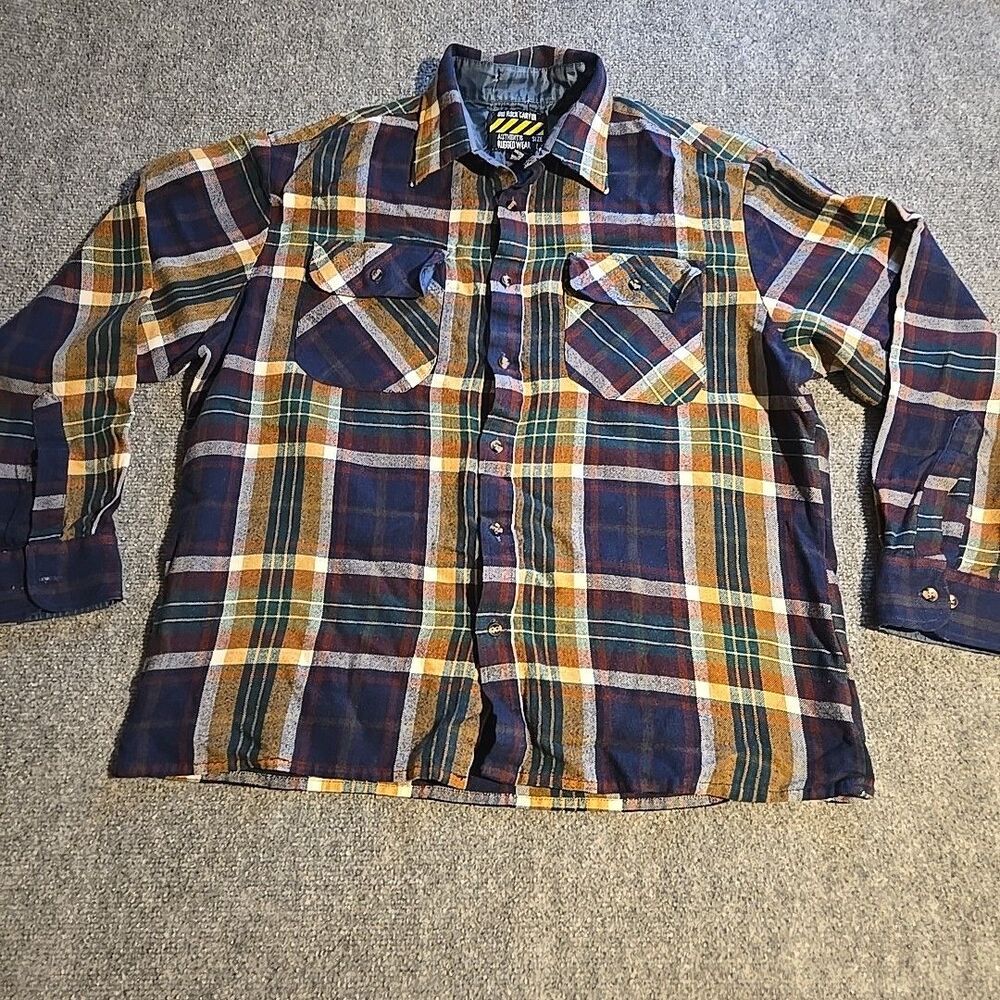 Vtg Big Rock Canyon Flannel Shirt Mens Large Multi-Color Plaid Rugged Wear Y2K